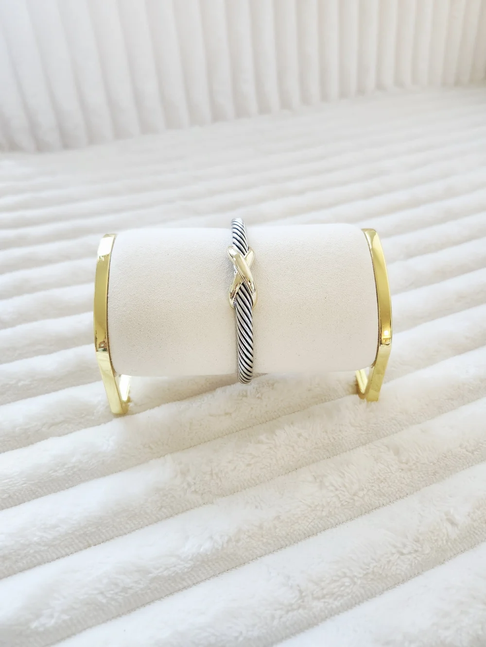 Twisted Cable Bracelet with Gold X Accent — Black and Silver